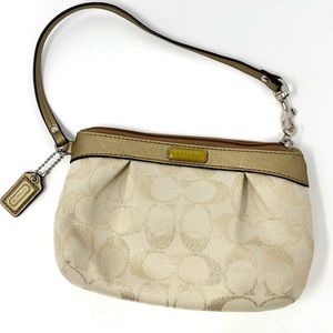COACH Gold Cream Bronze Canvas Signature C Cinched Large Wristlet